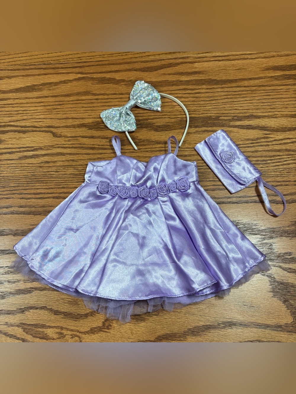 Build a Bear BABW Satin Lavender Flower Waist Dress and Purse with Sequin Bow
